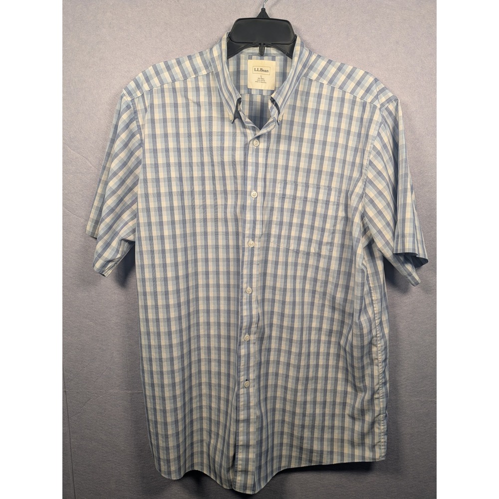 L.L. Bean Button Down Shirt Mens SZ L Blue Gingham Short Sleeve Cotton Excellent